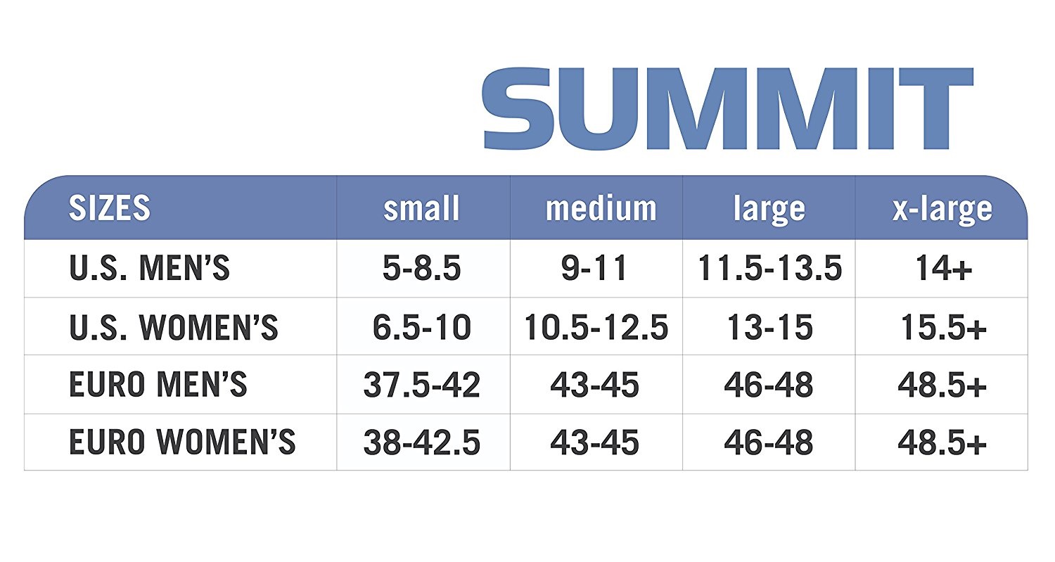 Yaktrax Summit Size Chart