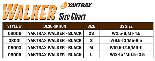 Yaktrax walker size chart