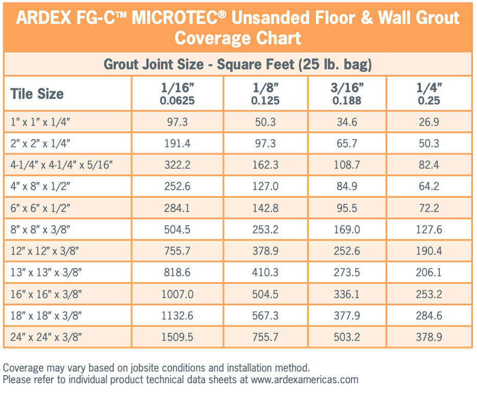 Ardex FG-C Grout Chart