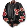 This picture shows an all leather varsity letterman jacket along with stylish custom chenille patches and awards.