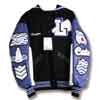 This leather 3 color sleeve letterman jacket has a sailor collar and assorted custom chenille patches.  The patches are embellished with crystal rhinestones and various chenille prinst such as a polka-dot pattern and a chevron pattern.