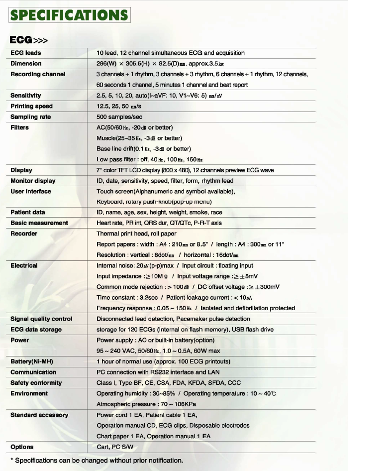 Bionet Cardio 7 ECG Specifications