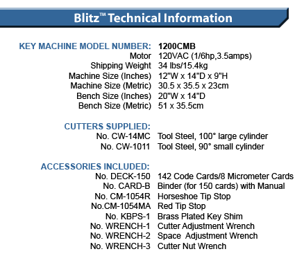 HPC Original Blitz Key Machine Technical Specifications
