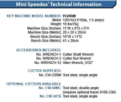 HPC Mini Speedex Key Duplicator Technical Specifications
