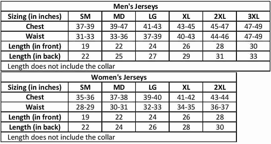 Jerseys Clinic - Products sizing charts