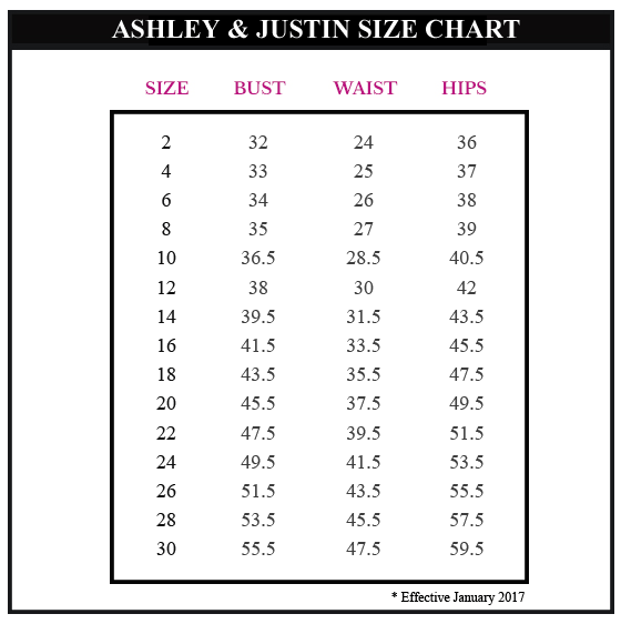 Ashley and Justin bridesmaid size chart